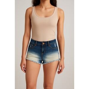 Rue21 Blue Denim Low Rise Ombre Distressed Frayed‎ Hem Jean Shorts Size 3/4